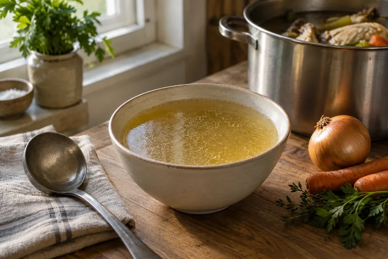 Прозрачный бульон в миске рядом с половником и овощами